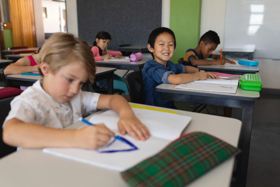 Schoolboy looking at camera while studying in classroom sitting at desks in school